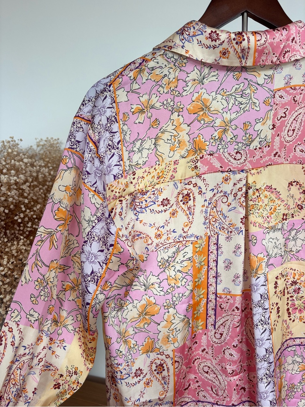 Zara S Patchwork Paisley Button Up Shirt in Pink and Cream Silk Feels Blouse - Picture 15 of 16